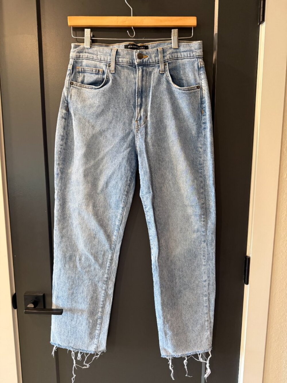 Veronica Beard Light Wash High-Rise Raw Hem Straight Jeans